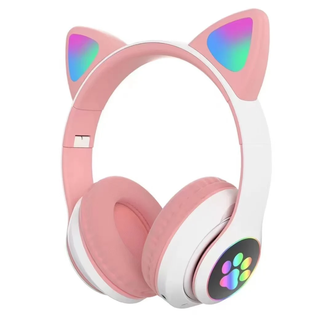 STN-28 Pink cat-ear wireless headphones on white